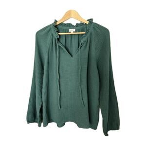 J. Crew Women's Large Gauze Top Green Ruffle Tie Neck 100% Cotton Boho